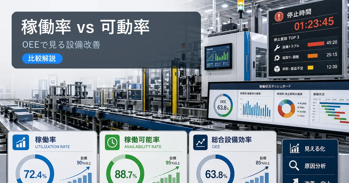 稼働率と可動率の違いをOEEで比較する製造設備イメージ